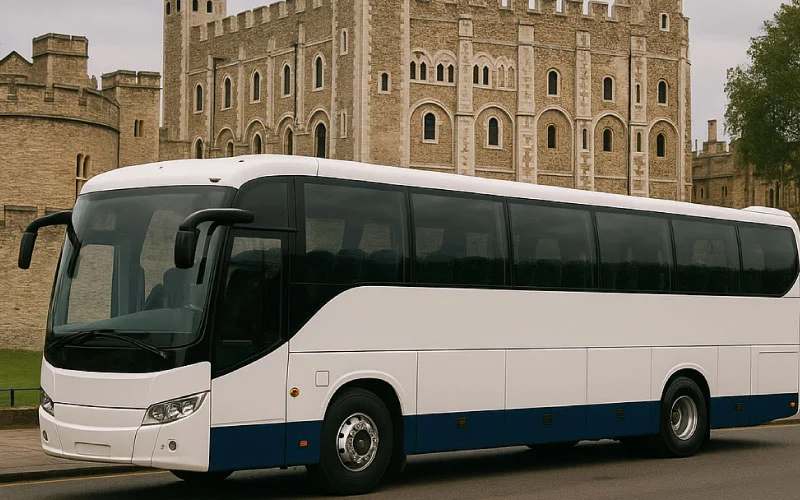 A branded London Coach Company vehicle parked outside the Tower of London.