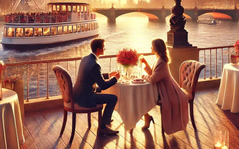 Romantic couple on a Thames River cruise with iconic London landmarks like the London Eye and Tower Bridge at sunset.